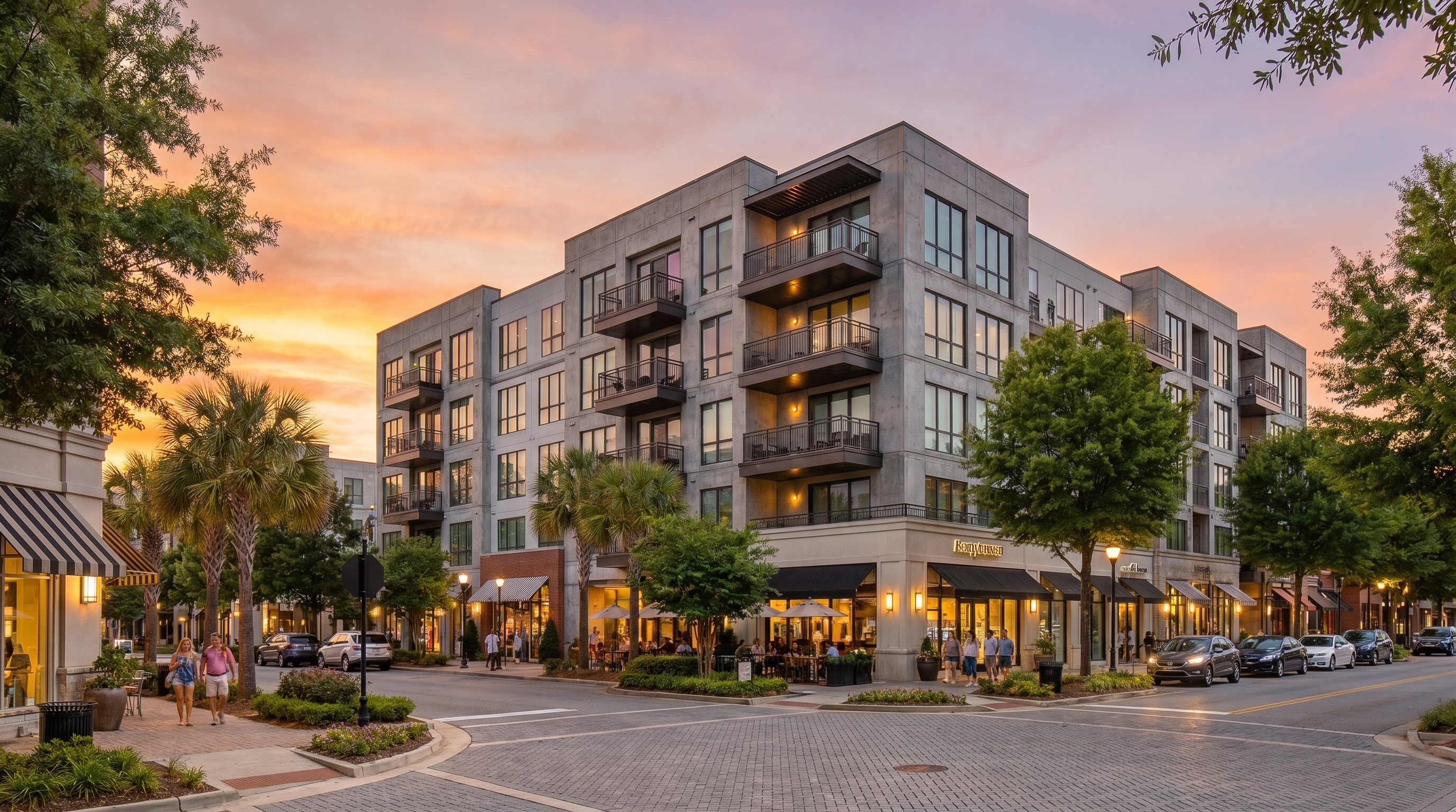 Mixed-use residential community at sunset